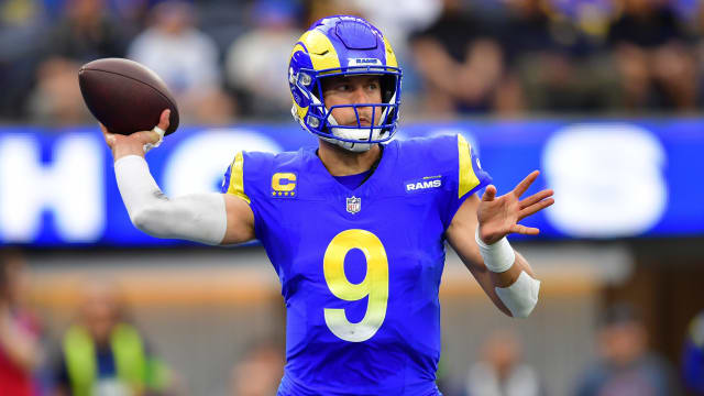 Dec 17, 2023; Inglewood, California, USA; Los Angeles Rams quarterback Matthew Stafford (9) throws against the Washington Commanders during the first half at SoFi Stadium. Mandatory Credit: Gary A. Vasquez-USA TODAY Sports  